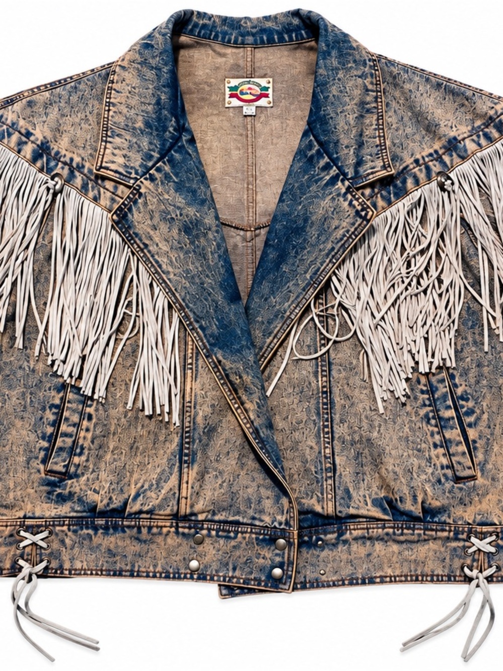 Vintage Rock Creek Western Leather Fringe Denim Jacket 22W